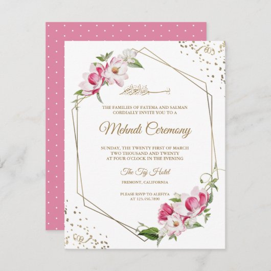 Roze Bloemen Geometrisch Goud Lijst Islamitische M Informatiekaartje (Voorkant / Achterkant)