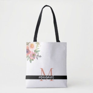 Roze Bloemen Gepersonaliseerde Monogram Modern Ele Draagtas