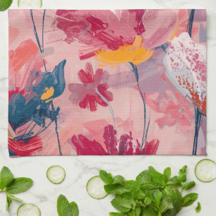 Roze Bloemen Geschilderde Kwaststreken Botanisch P Theedoek