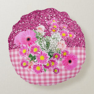 Roze Bloemen & Gingham Faux Glitter Rond Kussen
