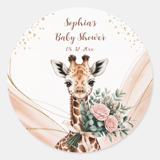 Roze Bloemen Giraffe Safari Baby shower Favoriete Ronde Sticker (Voorkant)