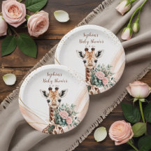 Roze Bloemen Giraffe Safari Baby shower Papier Bor