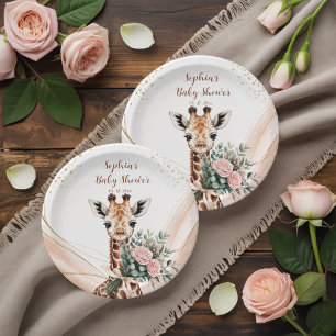 Roze Bloemen Giraffe Safari Baby shower Papier Bor Papieren Bordje