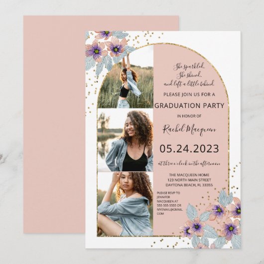 Roze Bloemen Glitter Confetti Foto Afstuderen Kaart (Voorkant / Achterkant)
