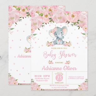 Roze Bloemen Glitter Schattige Olifant Meisje Baby Kaart