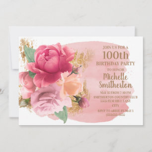 Roze bloemen Gold Glitter 100th Birthday Party Kaart