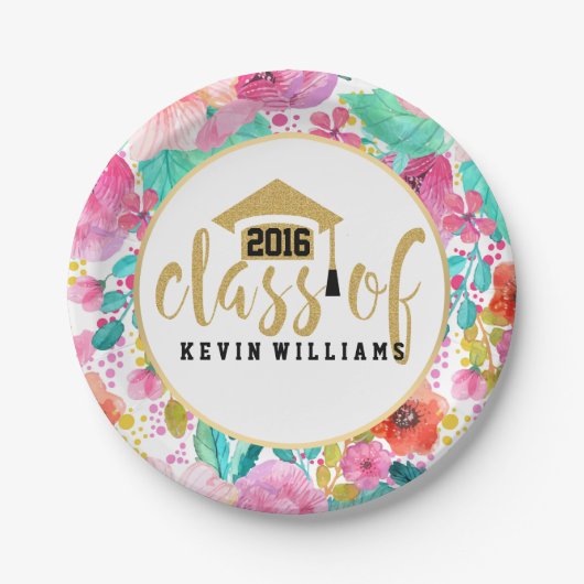 Roze bloemen & Gold Glitter Text Class of 2016 Papieren Bordje (Voorkant)