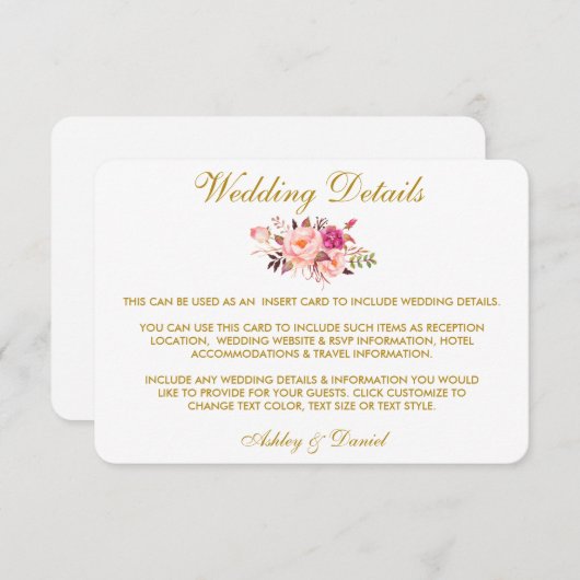 Roze Bloemen Goud Bruiloft Details Invoegen Kaart (Voorkant / Achterkant)