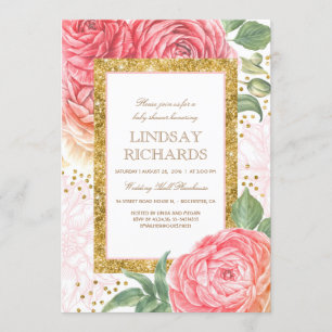 Roze Bloemen Goud Confetti Waterverf Baby shower Kaart
