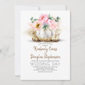Roze Bloemen Goud en Witte Pompoen Herfst Bruiloft Kaart (Voorkant)