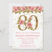 Roze Bloemen Goud Glitter 80e Verjaardagsfeest Kaart (Voorkant)