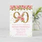 Roze Bloemen Goud Glitter 90ste Verjaardagsfeestje Kaart (Staand voorkant)