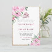 Roze Bloemen Goud Glitter Islamitische Moslim Brui Kaart (Staand voorkant)