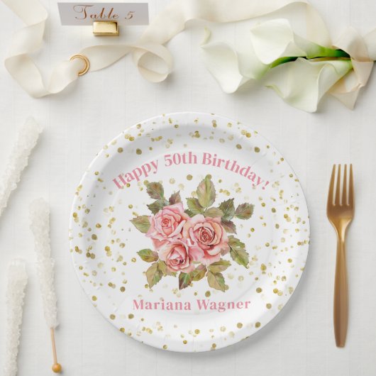 Roze Bloemen Goud Glitter Verjaardagsfeest Papieren Bordje (Huwelijk)