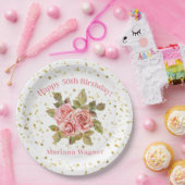 Roze Bloemen Goud Glitter Verjaardagsfeest Papieren Bordje (Feest)