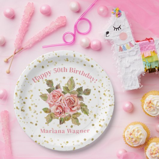 Roze Bloemen Goud Glitter Verjaardagsfeest Papieren Bordje (Feest)