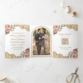 Roze Bloemen Goud Kant QR Code Foto Bruiloft Drieluik Uitnodiging (Binnen)