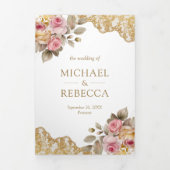 Roze Bloemen Goud Kant QR Code Foto Bruiloft Drieluik Uitnodiging (Cover)