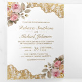 Roze Bloemen Goud Kant QR Code Foto Bruiloft Drieluik Uitnodiging (Binnenzijde eerst)