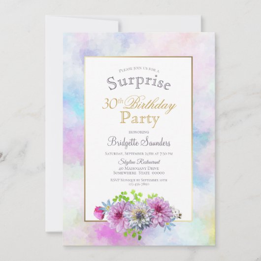 Roze Bloemen Goud Lijst Verrassing 30e Verjaardag Kaart (Voorkant)