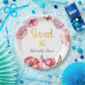 Roze Bloemen Goud Script Sweet 16 Verjaardag Papieren Bordje (Feest)