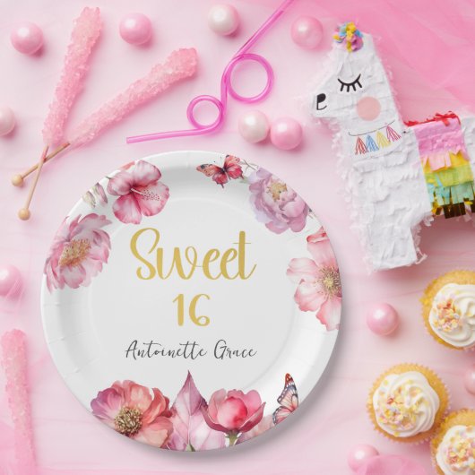 Roze Bloemen Goud Script Sweet 16 Verjaardag Papieren Bordje (Feest)
