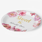 Roze Bloemen Goud Script Sweet 16 Verjaardag Papieren Bordje (Gekanteld)