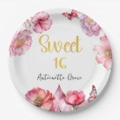 Roze Bloemen Goud Script Sweet 16 Verjaardag Papieren Bordje (Voorkant)