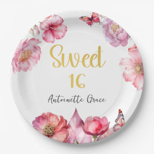 Roze Bloemen Goud Script Sweet 16 Verjaardag Papieren Bordje