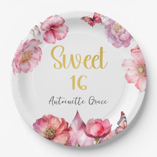 Roze Bloemen Goud Script Sweet 16 Verjaardag Papieren Bordje (Voorkant)
