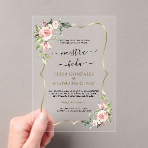 Roze Bloemen Goud Spaanse Kalligrafie Nuestra Boda Acryl Uitnodigingen