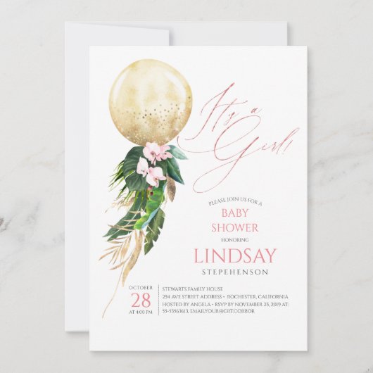 Roze Bloemen Gouden Ballon Schattige Tropisch Baby Kaart (Voorkant)