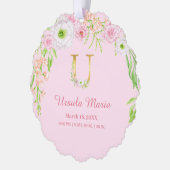 Roze Bloemen Gouden Brief "U" Monogram Geboorte St Ornament Kaart (Links)
