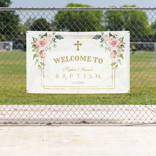 Roze bloemen gouden doop welkomstbord met charme spandoek (Insitu)