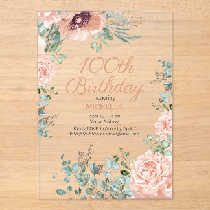Roze Bloemen Gouden Glitter 100ste Acryl Verjaarda Uitnodigingen