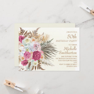 Roze Bloemen Gouden Glitter Crème 50ste Verjaardag Kaart