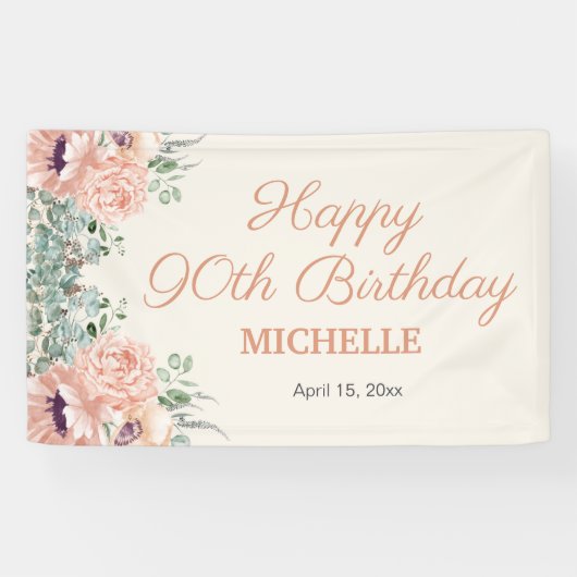 Roze Bloemen Gouden Glitter Gelukkige 90ste Verjaa Spandoek (Horizontaal)