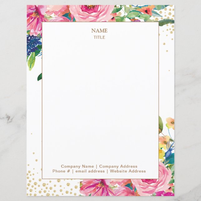 Roze Bloemen Gouden Glitter Letterhead (Voorkant)