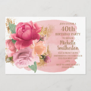 Roze Bloemen Gouden Glitters 40e Verjaardagsfeestj Kaart