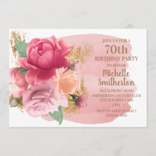 Roze Bloemen Gouden Glitters 70e Verjaardagsfeest Kaart
