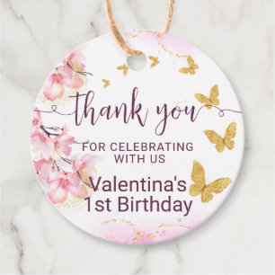 Roze Bloemen Gouden Vlinders Script Dank u Bedankjes Labels