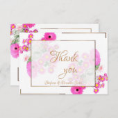 Roze bloemen/goudversiering bedankkaart (Voorkant / Achterkant)