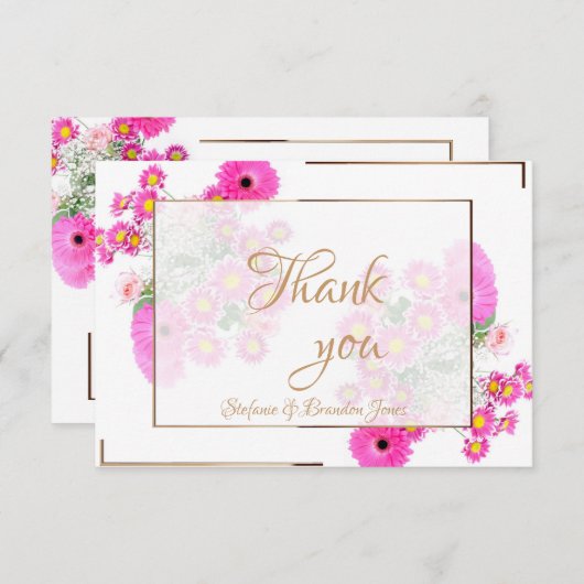 Roze bloemen/goudversiering bedankkaart (Voorkant / Achterkant)