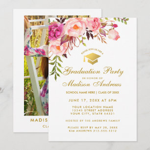 Roze Bloemen Graduation Party Uitnodigen - Terug F Kaart