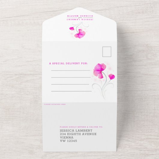 Roze bloemen grijs draaiende waterverf bruiloftsfo all in one uitnodiging (Buitenkant)