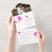 Roze bloemen grijs draaiende waterverf bruiloftsfo all in one uitnodiging (Afscheurbaar)