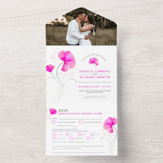 Roze bloemen grijs golvend waterverf bruiloftsfoto all in one uitnodiging (Binnen)