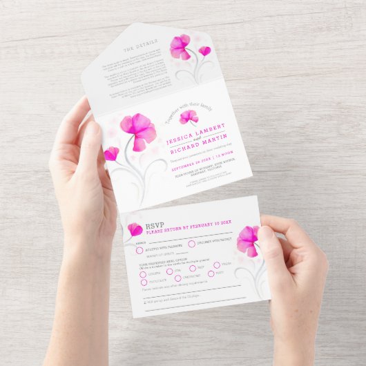 Roze bloemen grijze waterverf bruiloft all in one uitnodiging (Afscheurbaar)
