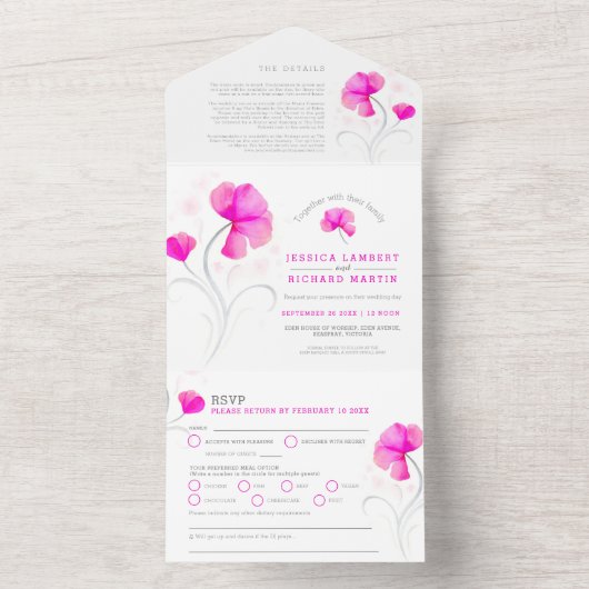 Roze bloemen grijze waterverf bruiloft all in one uitnodiging (Binnen)