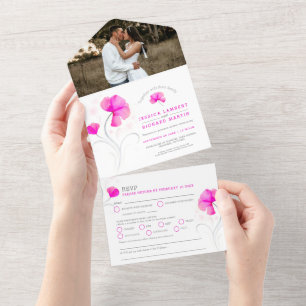 Roze bloemen grijze zwijn waterverf trouwfoto all in one uitnodiging